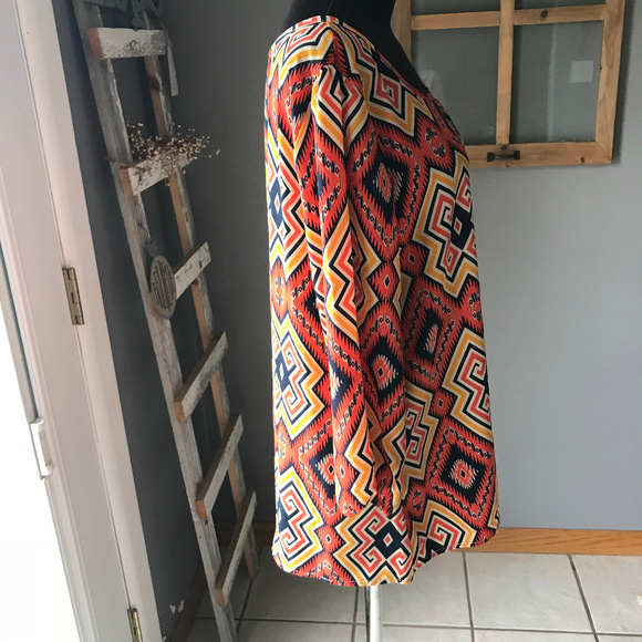 Alya Coral Navy Gold Aztec Tunic Blouse L - Picture 4 of 8